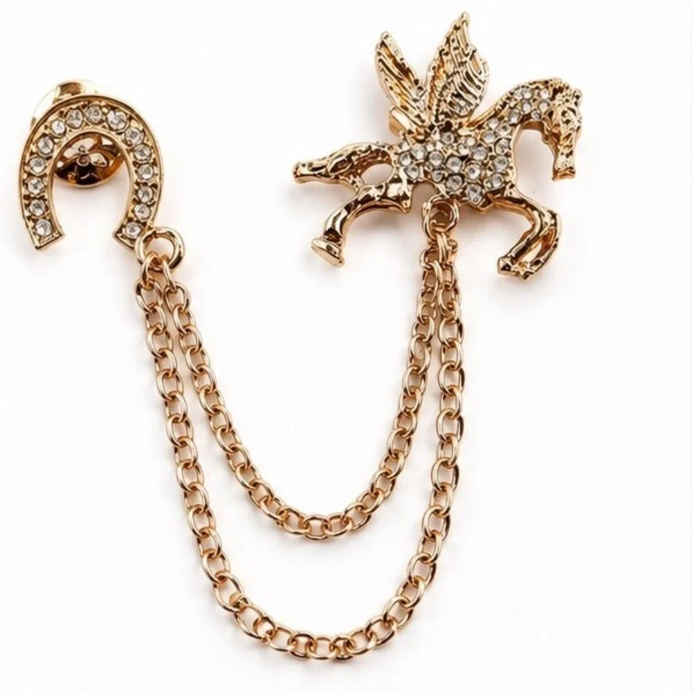 Pegasus & Horseshoe Rhinestone Draped Chain Brooch Collar Pin Hat Accessory